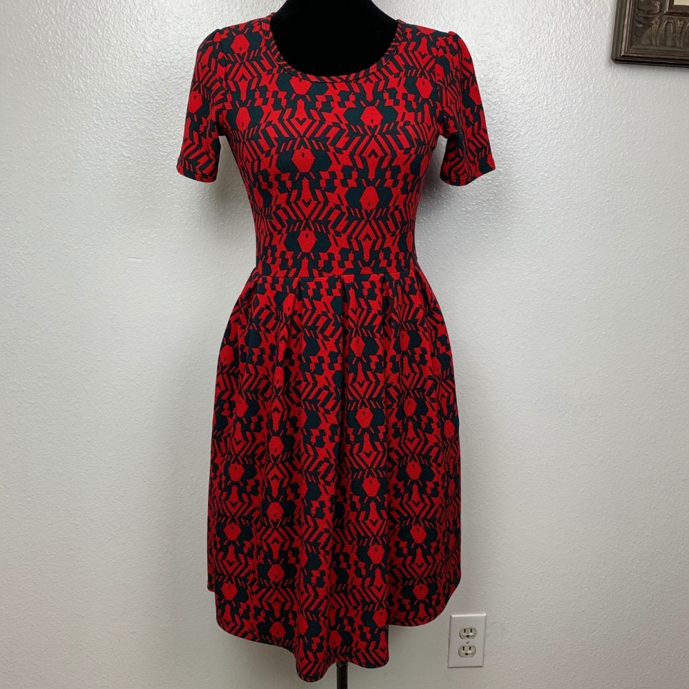 LuLaRoe Amelia Black Red Geometric Print Dress